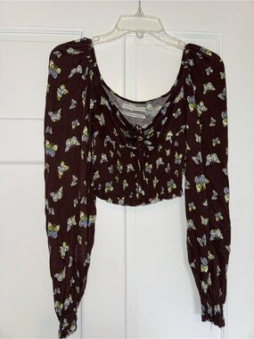 Urban Outfitters Black Cropped Butterfly Print Top